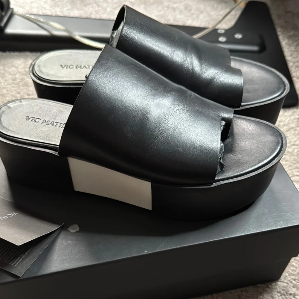 Vic Matie Black Leather Platform Slides